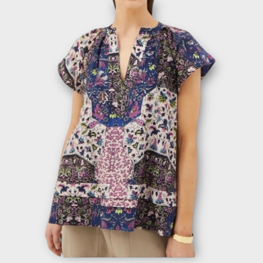 MARIA CHER Beautiful Floral Patterned Cotton Blue/Pink Top Small NWT